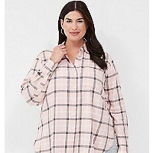 Lane Bryant Relaxed Button-Down Plaid Flannel Pink Plaid NWOT Size 34/36